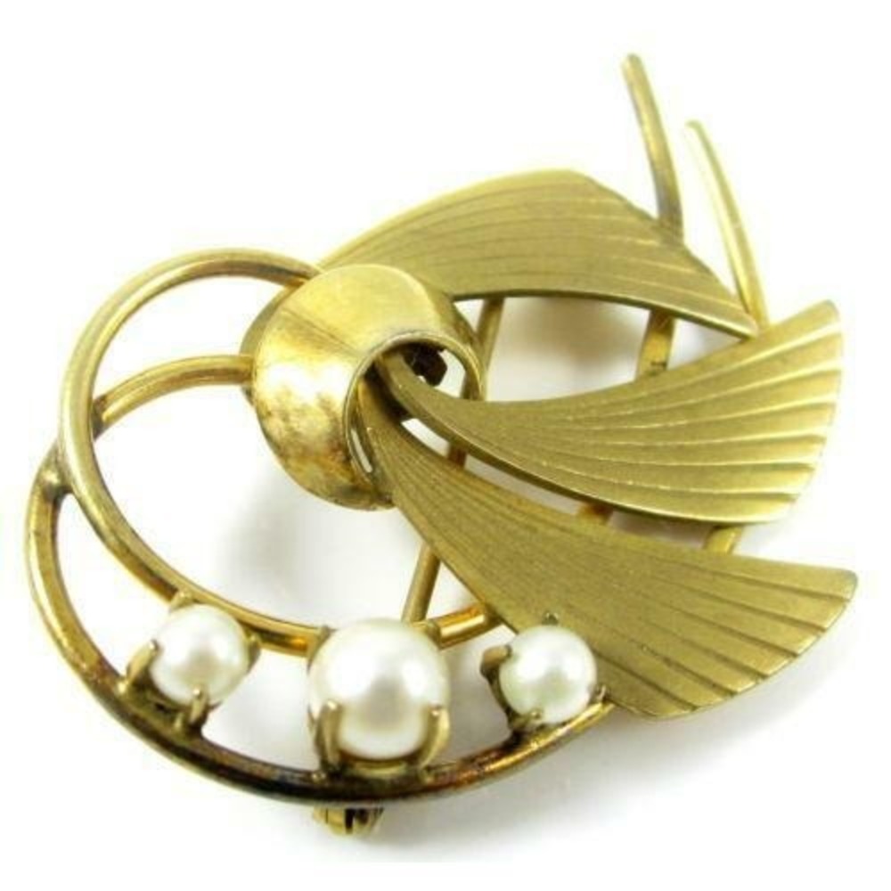 Vintage Signed Ca 12K Gold Filled Genuine Pearls Abstract‎ Floral Brooch Pin